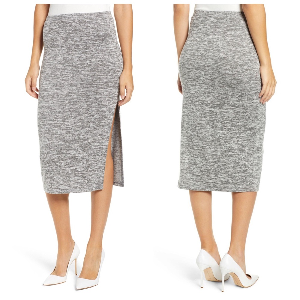 LEITH Gray Knit Marled Side Slit Midi Skirt